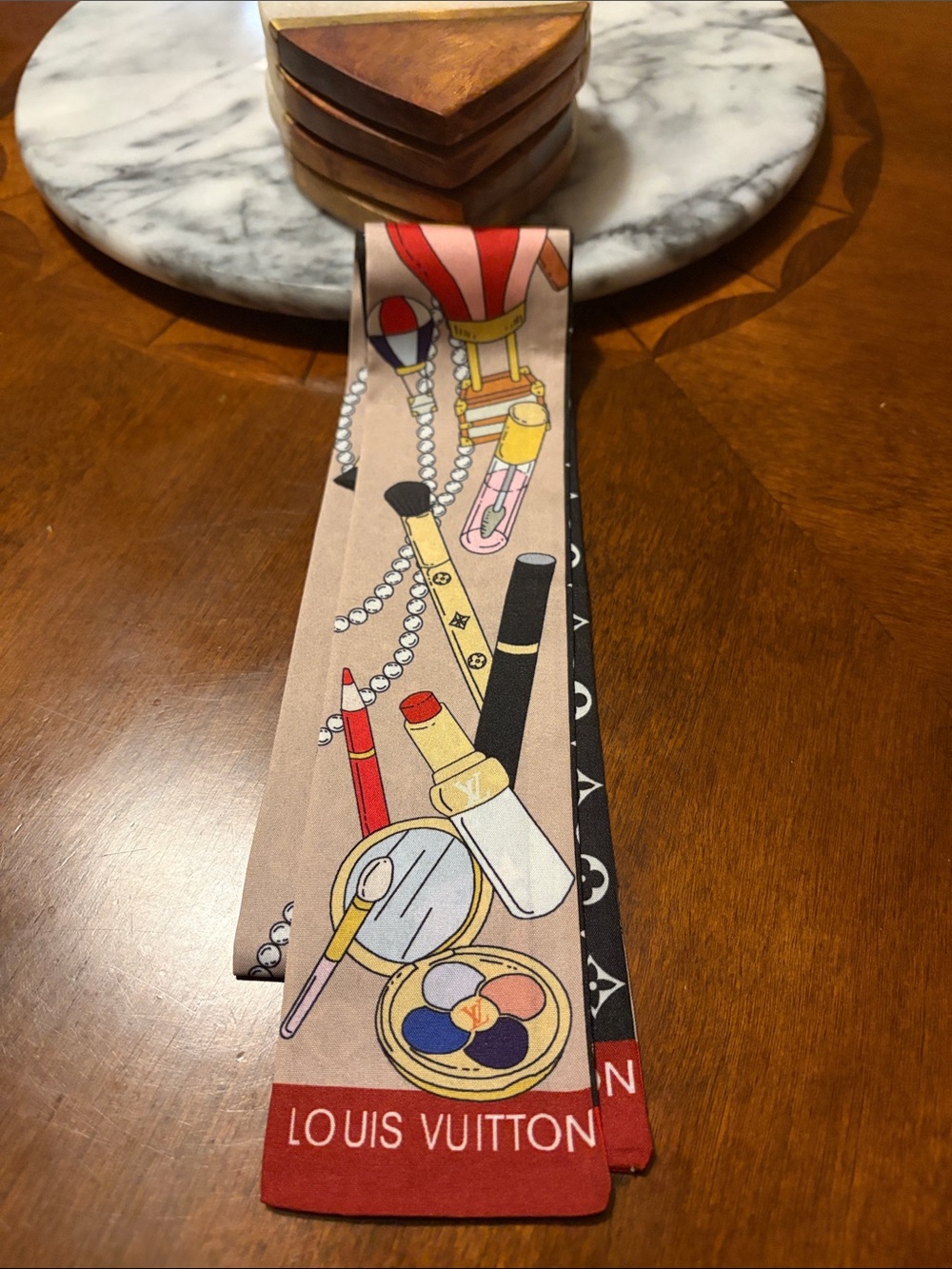 Louis Vuitton Beige and Red Cosmetic Print Twilly Scarf